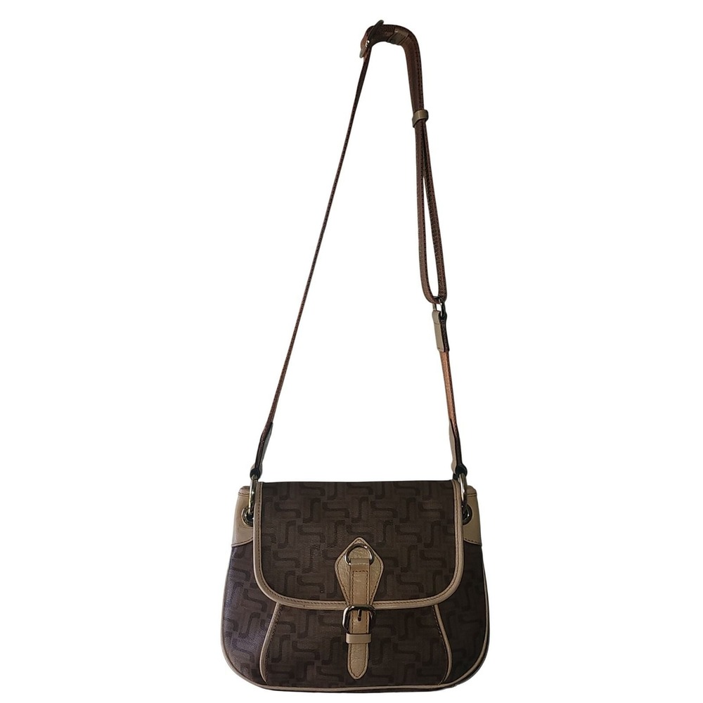 DAKS London Monogram Crossbody Bag Brown Leather Trim DC2H REAR VINTAGE LUXURY